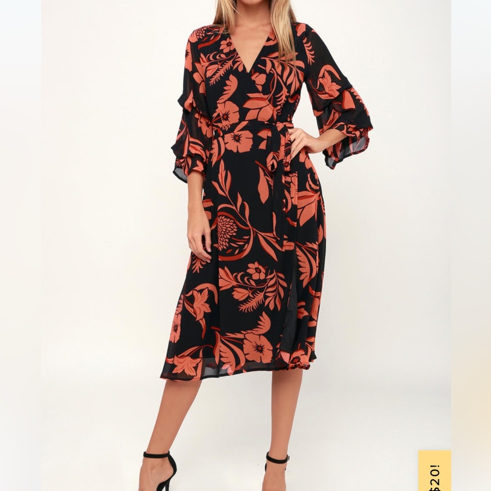 Highlight of my Life Orange and Black Floral Print Wrap Dress